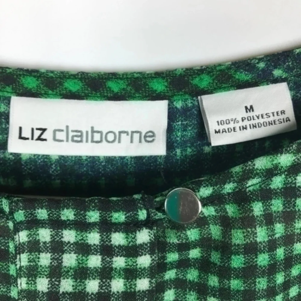Liz Claiborne Green Black Checkered Loose Fit Breast Pocket  Blouse Size Medium